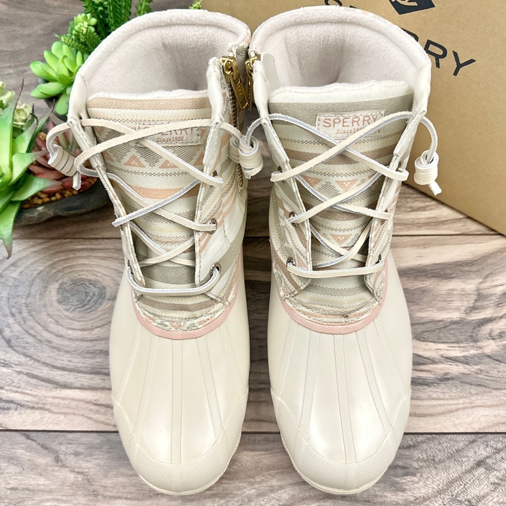 NIB Sperry Syren Gulf Playa Tan Striped Geometric Waterproof Duck Rain Boots - Picture 3 of 15